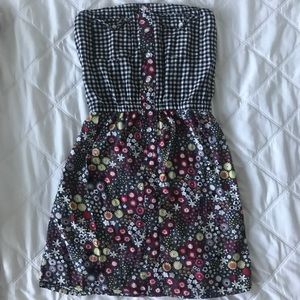 Strapless Checkered And Floral Dress